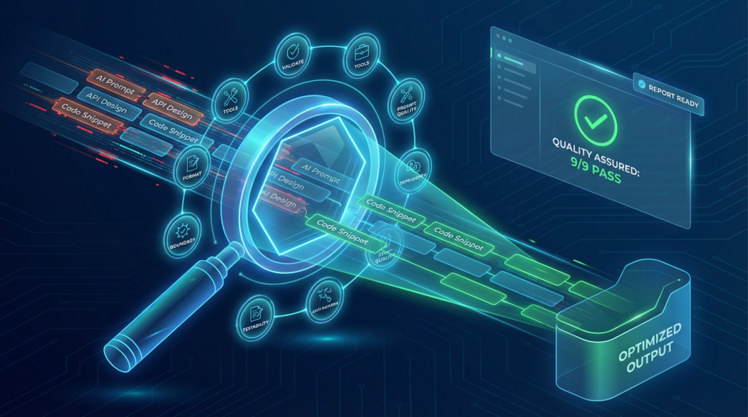 技能质量检查示意图，展示了发光的放大镜聚焦检查代码与AI生成内容的过程