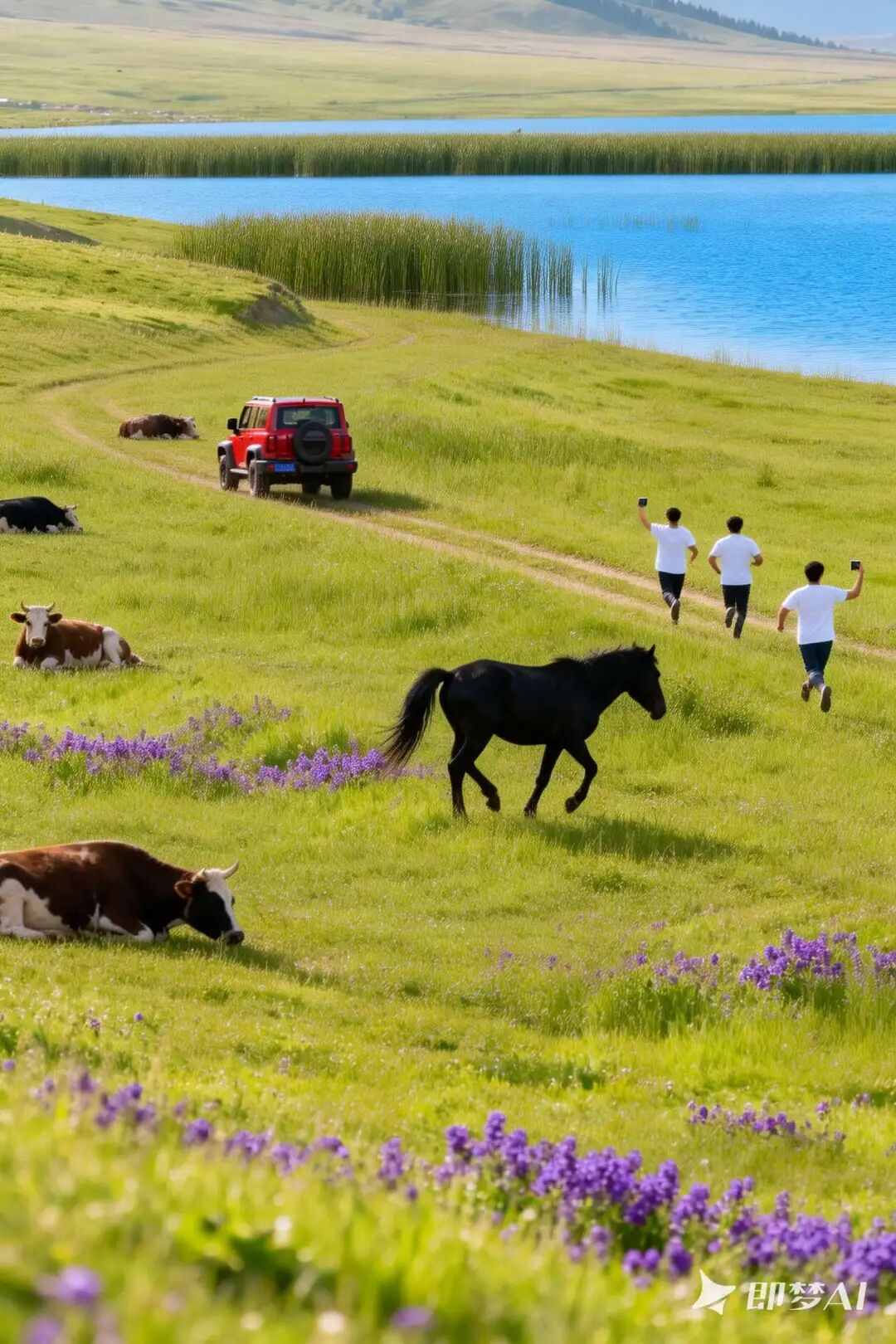 即梦生成的夏季草原，野花盛开有人奔跑