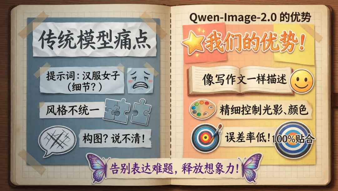 对比传统模型痛点与Qwen-Image-2.0优势的笔记插图