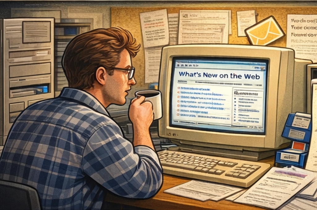 一位程序员在90年代的办公室中浏览早期网页列表