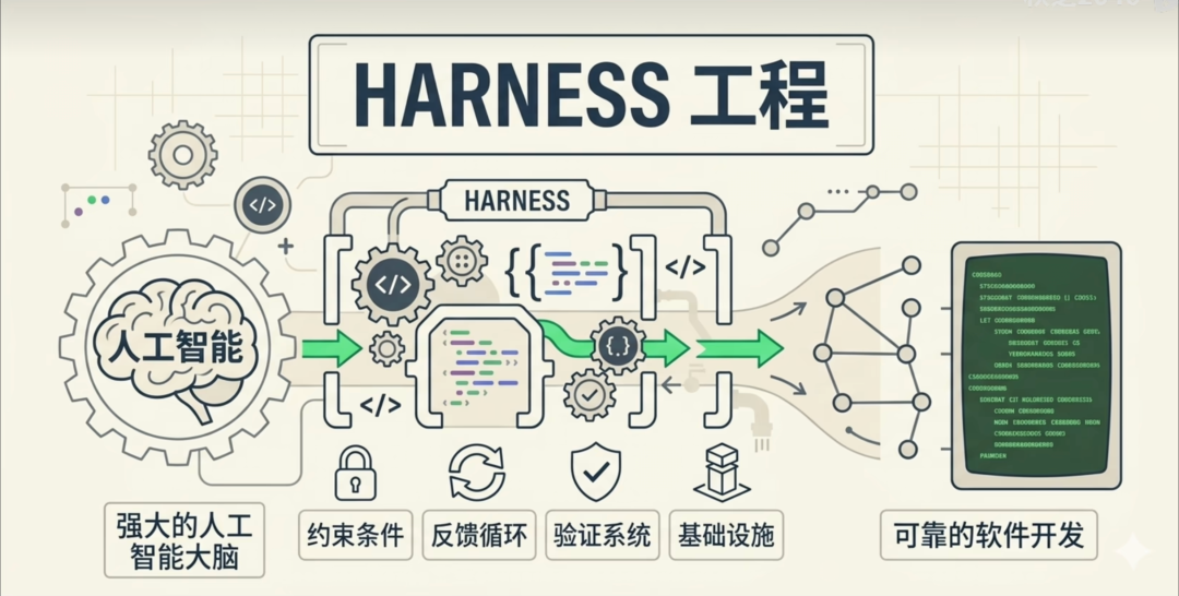一张关于'HARNESS 工程'的科技风格信息图,顶部中央为标题'HARNESS 工程',左侧是一个大齿轮内含大脑图案并标注'人工智能',中间是数据处理流程图,包含多个齿轮、代码符号(</>)、花括号{}、绿色箭头连接的模块,右侧为一个模拟终端窗口显示多行代码(含LET、SUBROUTINE等关键字),底部从左至右排列五个图标及对应文字:锁形图标配'强大的人工智能大脑'、加号与代码图标配'约束条件'、循环箭头图标配'反馈循环'、对勾盾牌图标配'验证系统'、立方体图标配'基础设施',最右侧为'可靠的软件开发'文字。