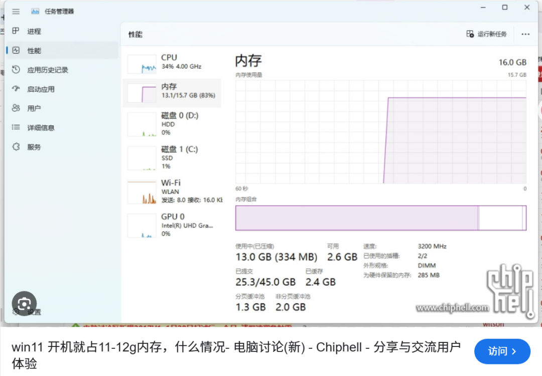 Windows 11任务管理器显示内存占用高达83%