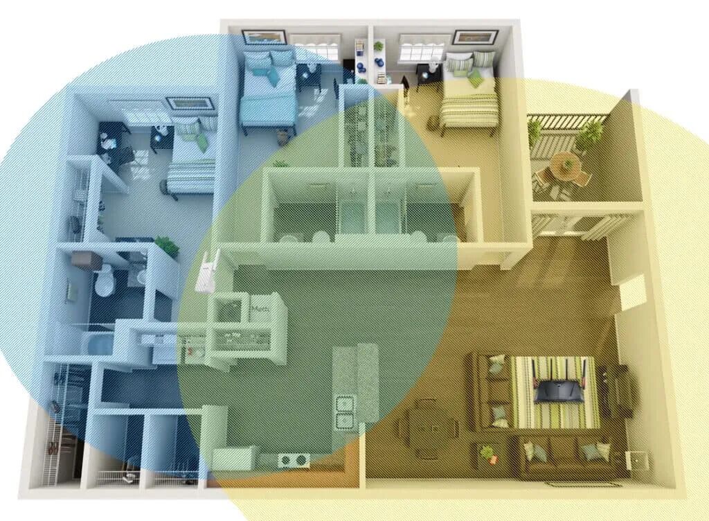 3D户型图展示Wi-Fi信号覆盖与扩展器部署方案