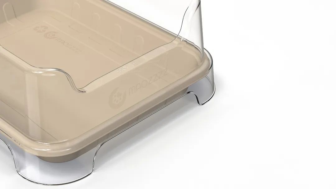 米色塑料托盘配透明盖子特写与品牌标志