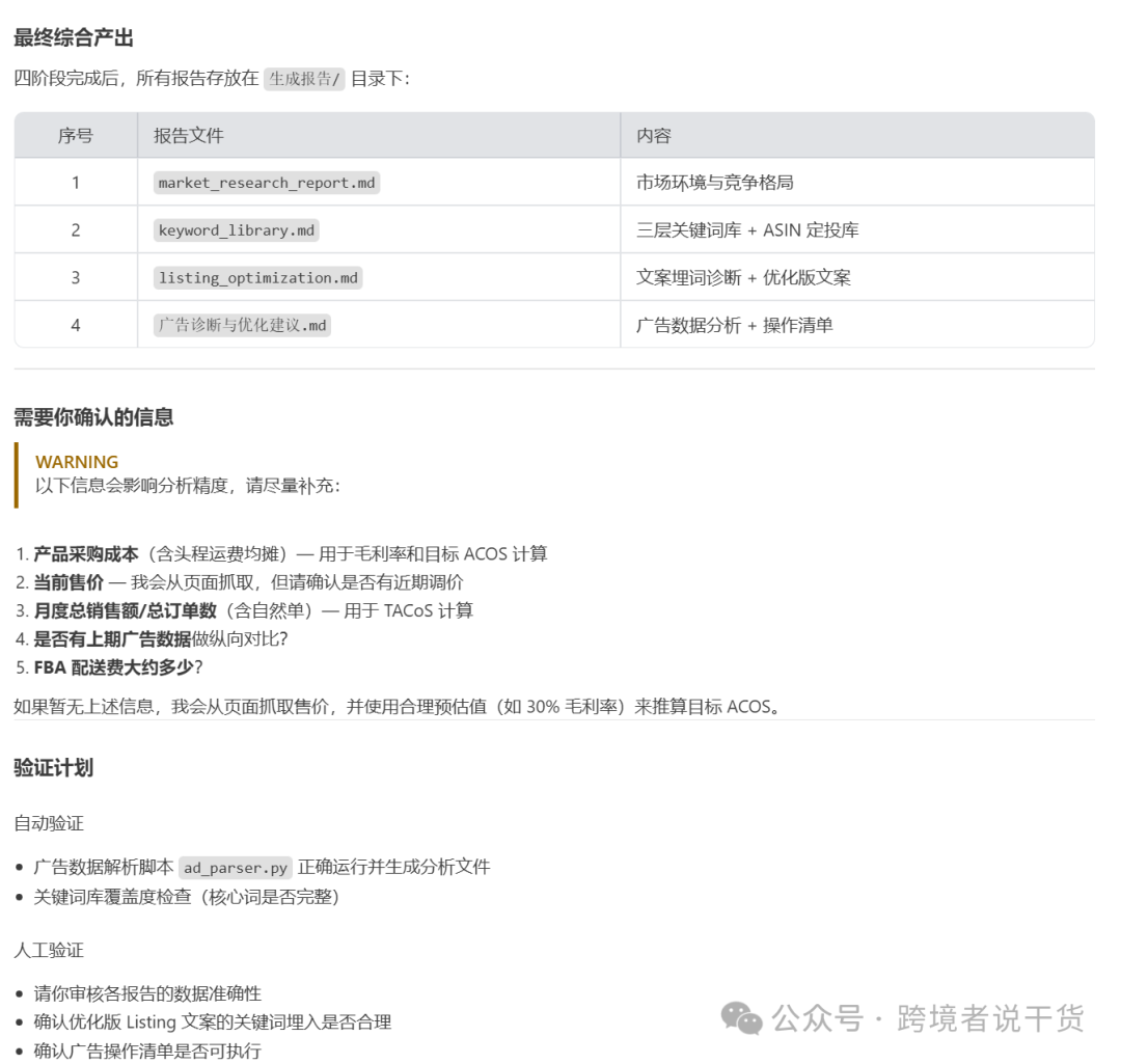 最终综合产出报告列表及需要确认的信息
