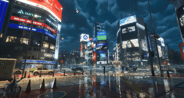 《异环》雨夜都市街景GIF，霓虹灯牌与行人