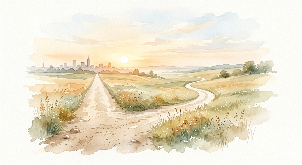 寓意选择与探索的黄昏乡间道路水彩画