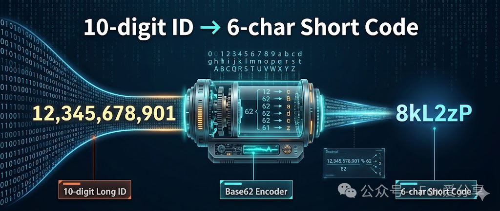 Base62编码将10位长ID转换为6位短码示意图