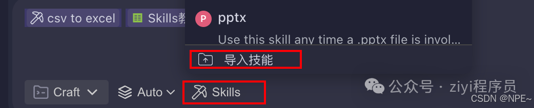 CodeBuddy 导入技能按钮及 Craft/Auto/Skills 选项
