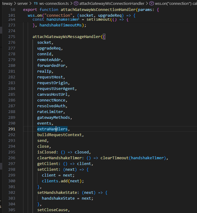 WebSocket连接处理函数`attachGatewayWsMessageHandler`