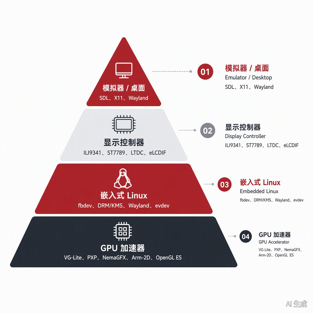 LVGL 内置驱动矩阵:模拟器桌面、显示控制器、嵌入式 Linux 与 GPU 加速器四层金字塔