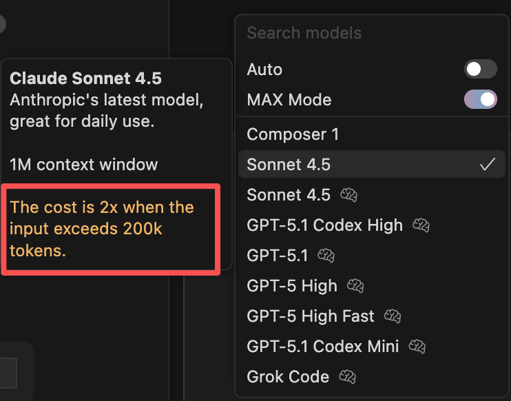 AI模型选择界面提示超过20万token成本翻倍