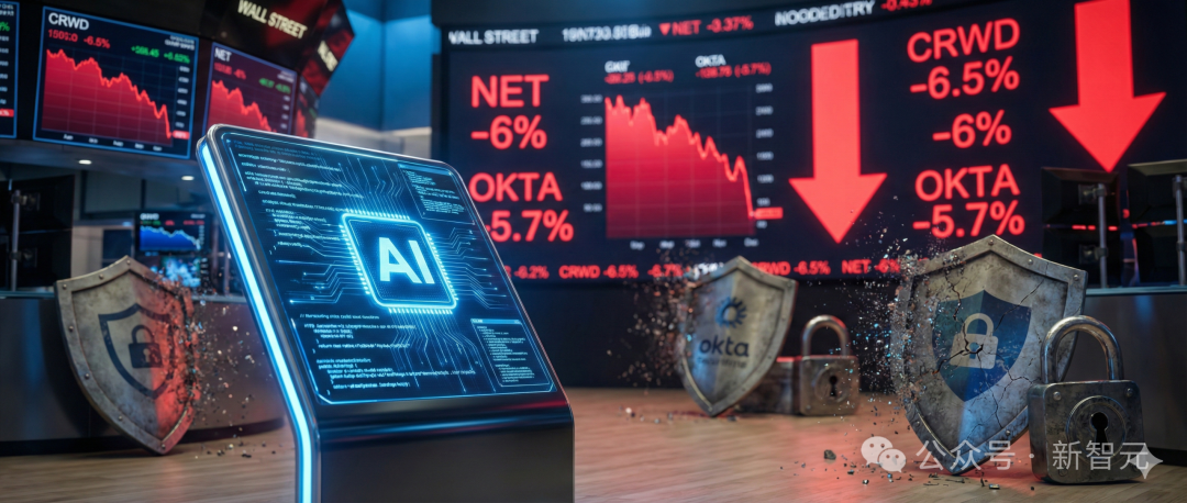 一张描绘金融科技场景的图像，前景是一个显示AI标志和代码的透明屏幕，背景是多个股票市场数据显示屏，显示着CRWD、NET、OKTA等股票下跌信息