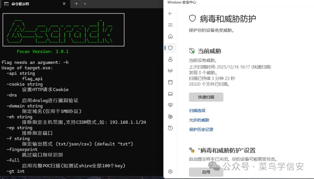 命令行工具与Windows Defender界面并存截图