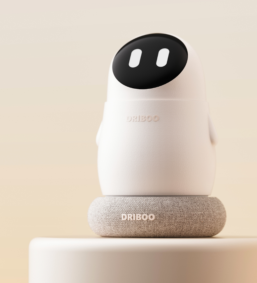 置于浅色台面上的白色机器人造型水杯，显示屏呈现眼睛图案