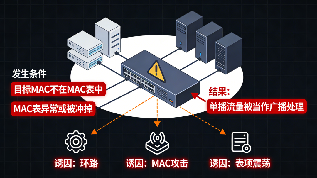未知单播泛洪的发生条件与结果示意图