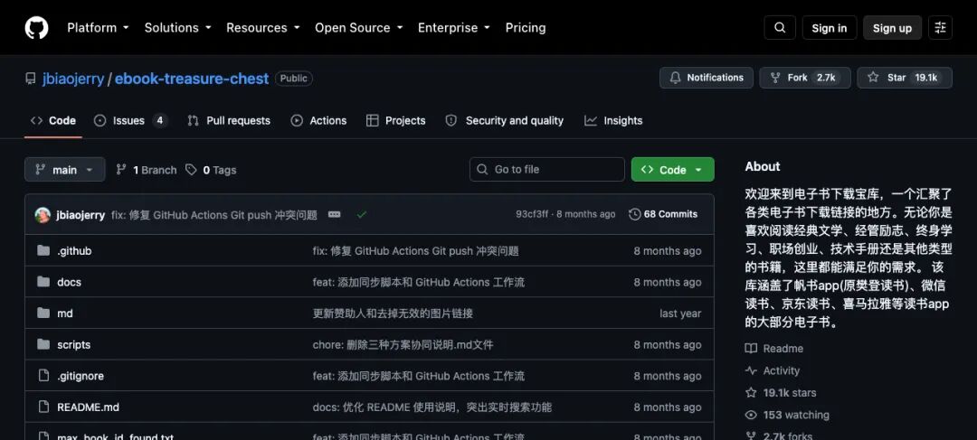 GitHub仓库页面截图,ebook-treasure-chest项目Star数19.1k