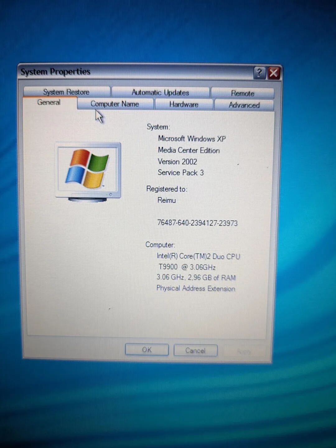 Windows XP系统属性窗口显示支持物理地址扩展与2.96GB RAM信息