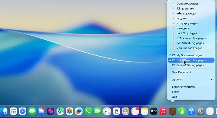 右键点击Dock图标显示所有窗口