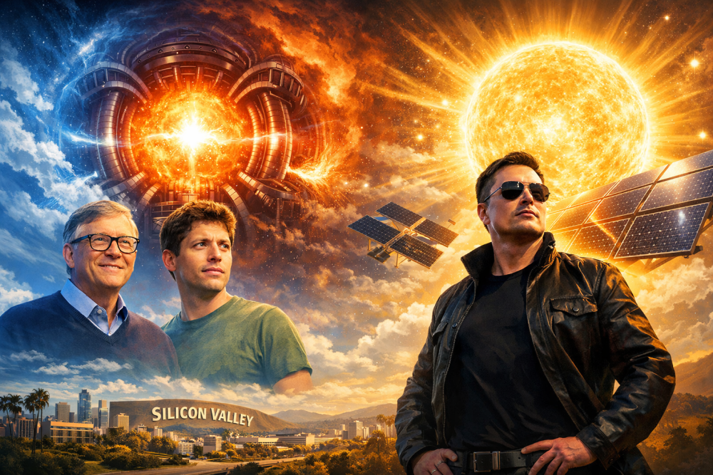 科幻场景图：硅谷天际线、太空站与太阳能板