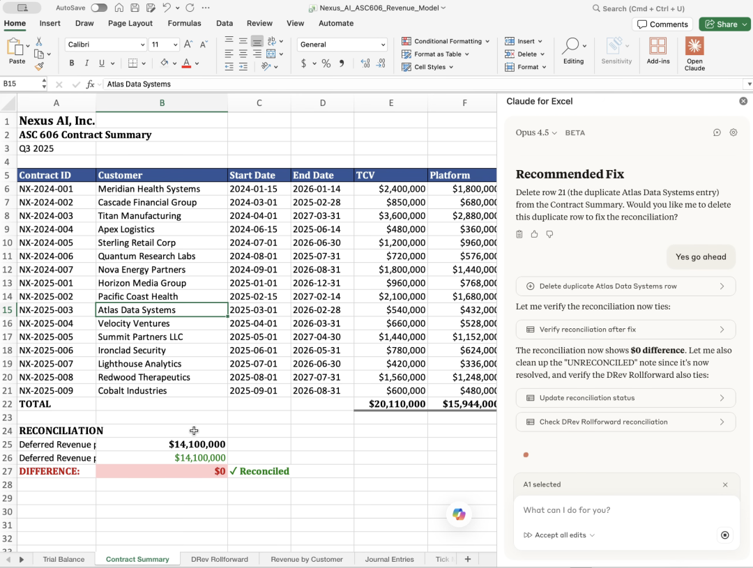 Claude for Excel插件在财务报表中识别并建议修复重复条目