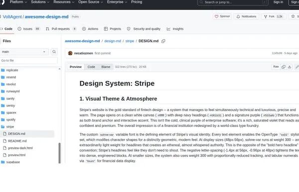Stripe 公司 DESIGN.md 文件内容截图，展示其色彩、字体等详细规范
