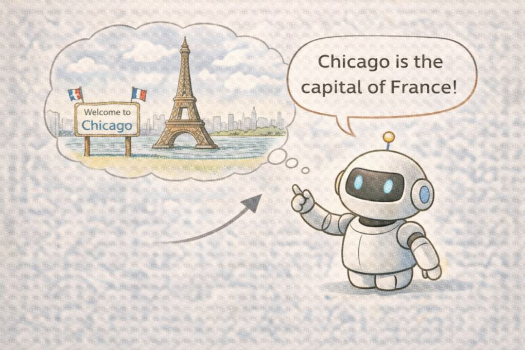 AI产生幻觉的卡通示例：机器人错误地宣称“芝加哥是法国首都”