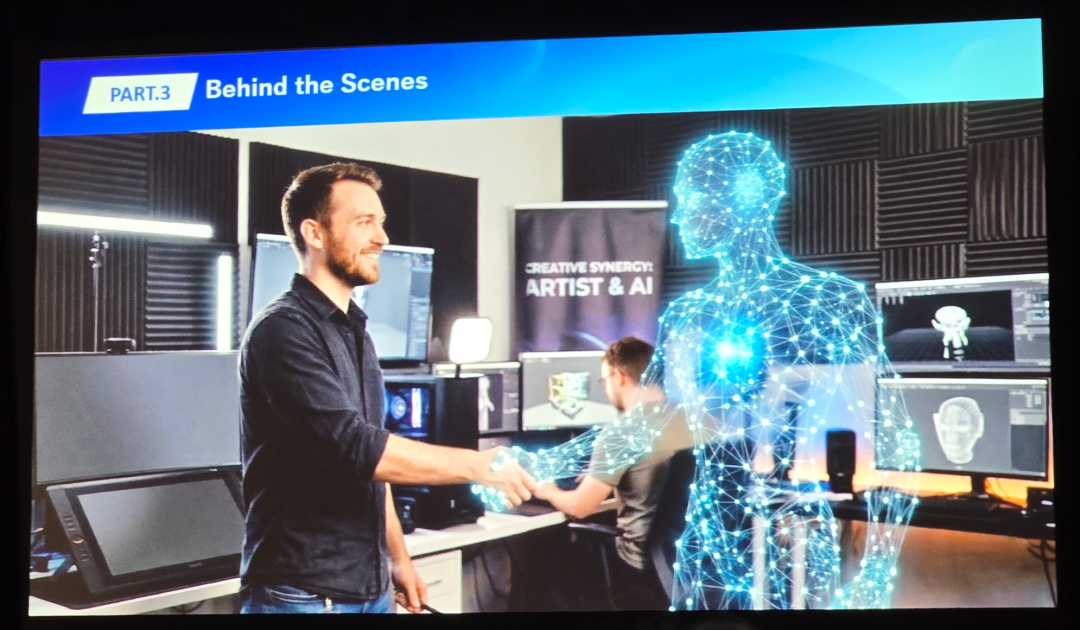 艺术家与AI全息人形协同工作的创意场景