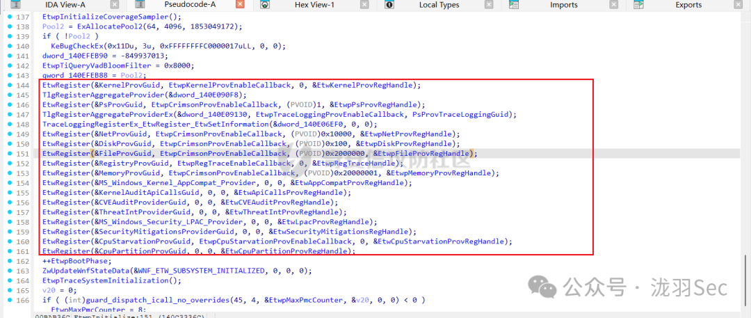 EtwpInitialize函数中注册大量内核ETW提供程序