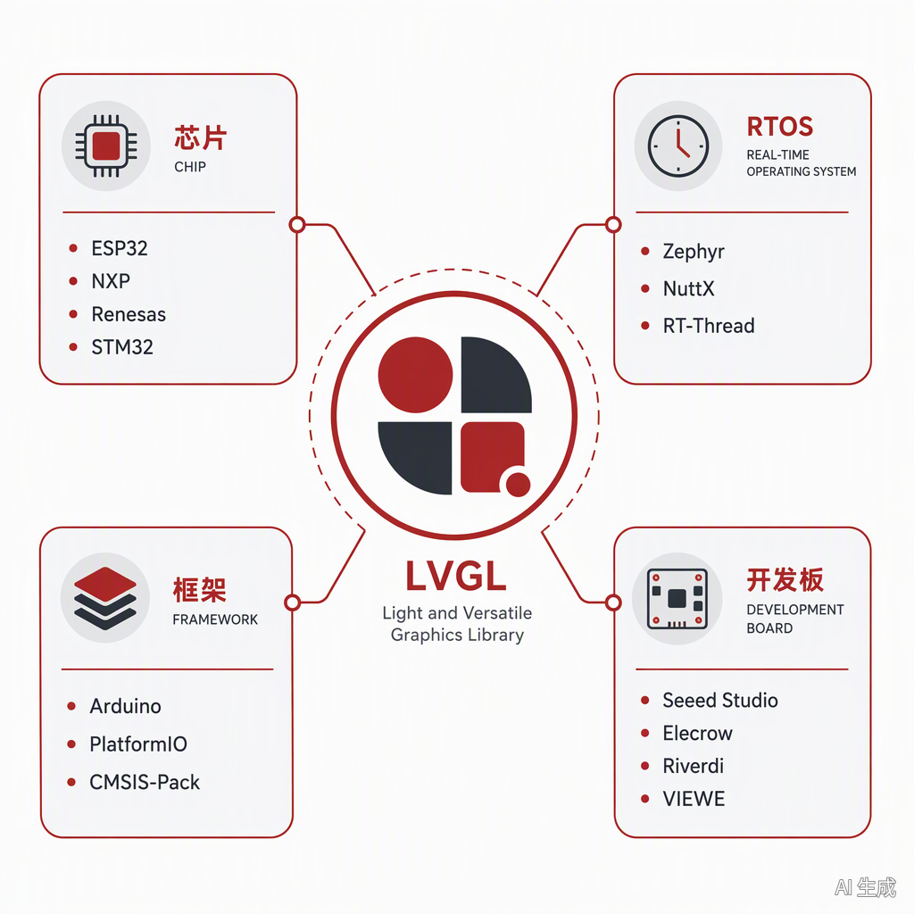 LVGL 完整集成生态:芯片、RTOS、框架与开发板四大分类环绕核心徽标