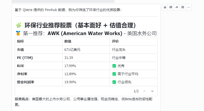 基于QVeris数据生成的环保行业股票推荐分析截图