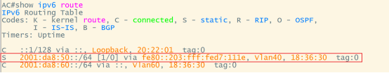 AC交换机show ipv6 route输出,静态路由到2001:da8:50::/64和直连2001:da8:60::/64