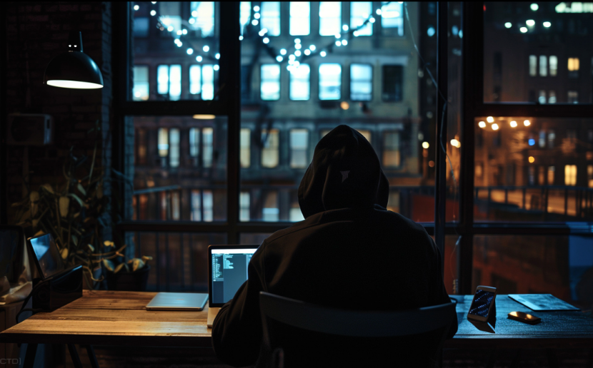 深夜工作示意图：专注的技术人员在灯光下操作多台设备