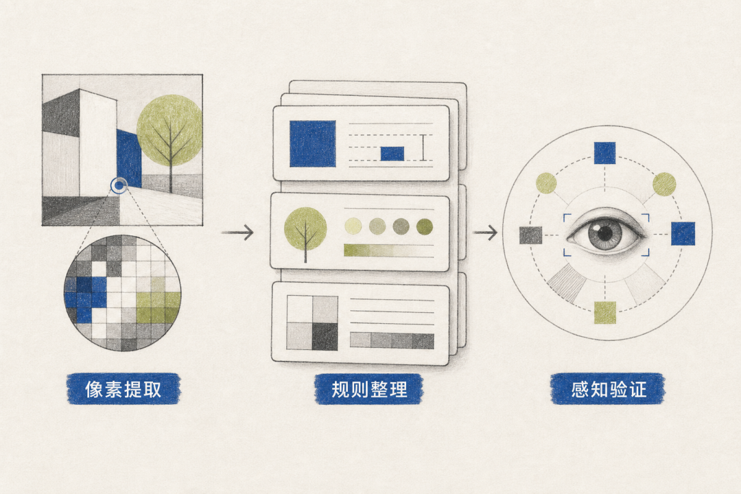 视觉感知流程：像素提取、规则整理、感知验证