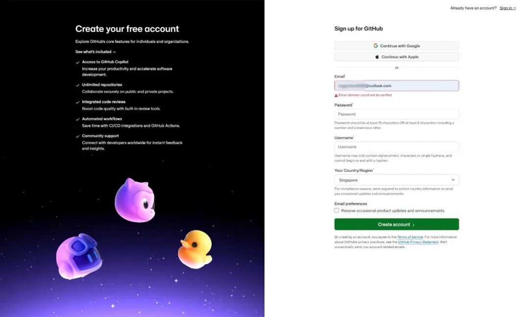 GitHub 注册页面 Outlook 邮箱验证失败