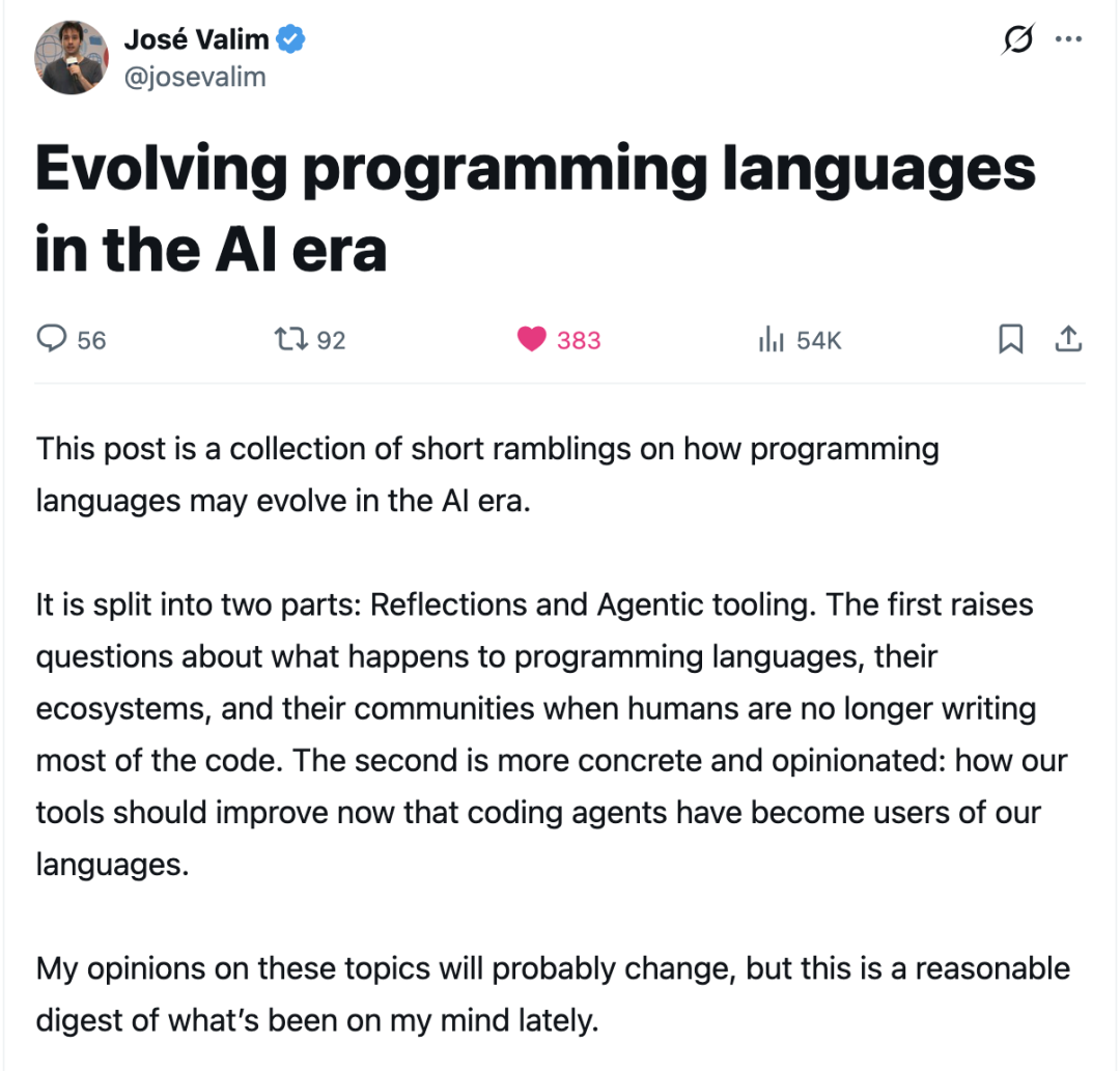 José Valim 在 X 发布《Evolving programming languages in the AI era》长文截图