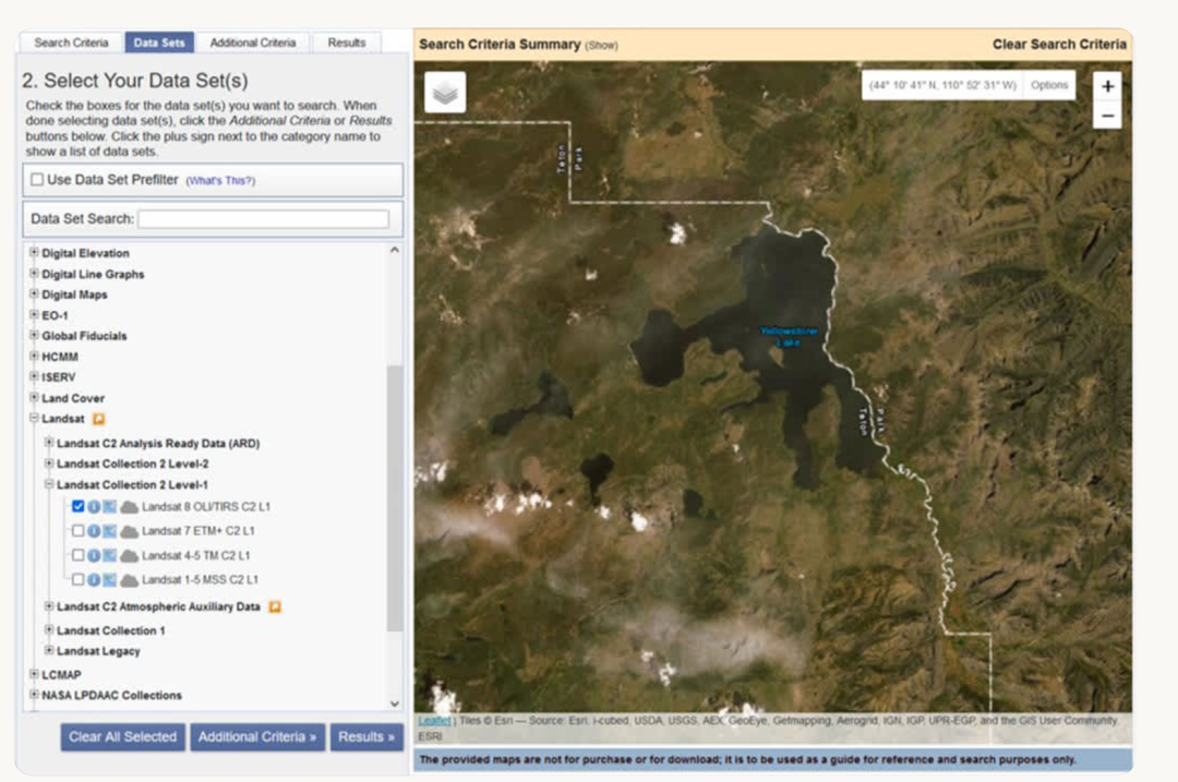 USGS EarthExplorer数据搜索界面,展示黄石公园区域及Landsat数据集选择
