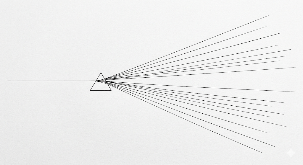 光线穿过棱镜发生色散，象征穿透与创造