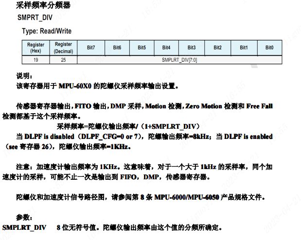 采样频率分频器SMPLRT_DIV寄存器说明