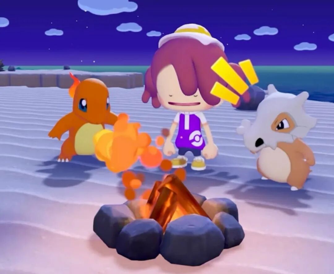 宝可梦围绕篝火的夜晚场景