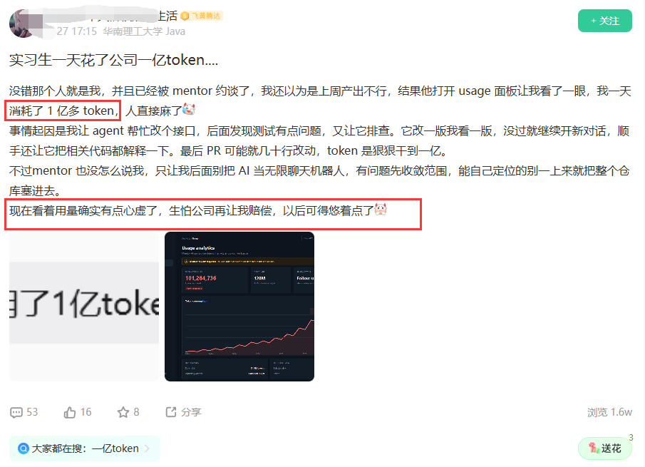 实习生发帖称一天消耗1亿Token后被mentor约谈