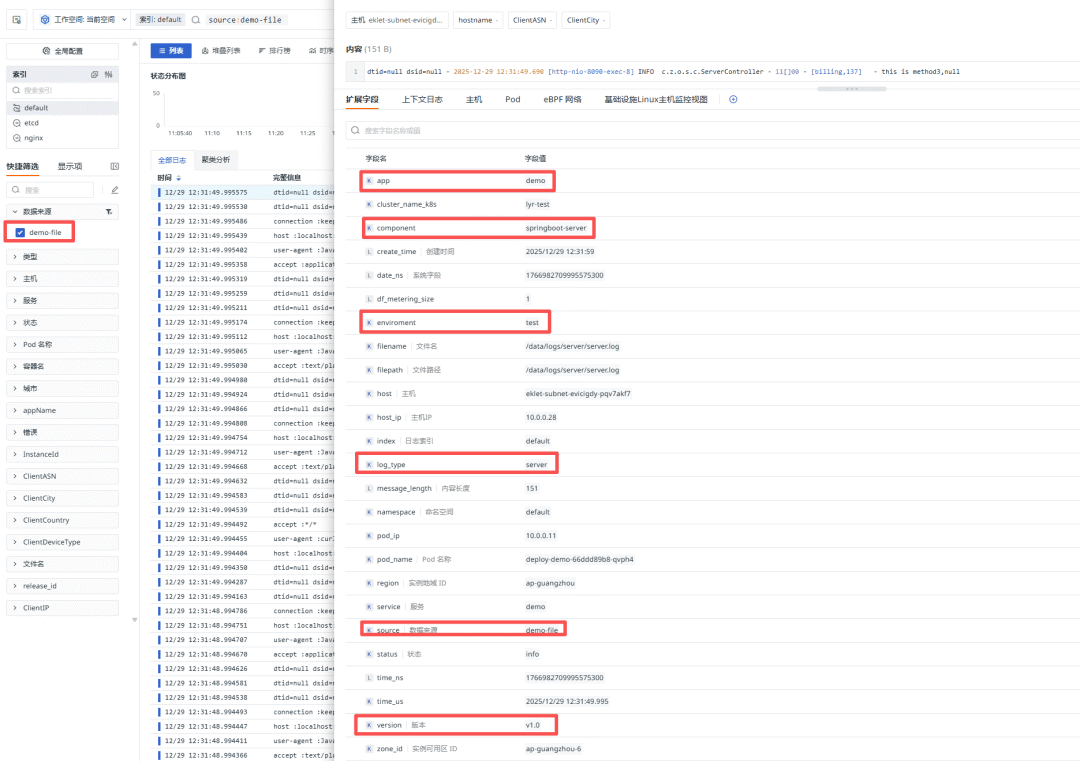 观测云控制台中查看到的容器日志详情