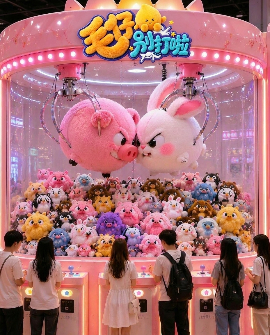 《毛仔别打啦》巨型娃娃机与粉色主题展台