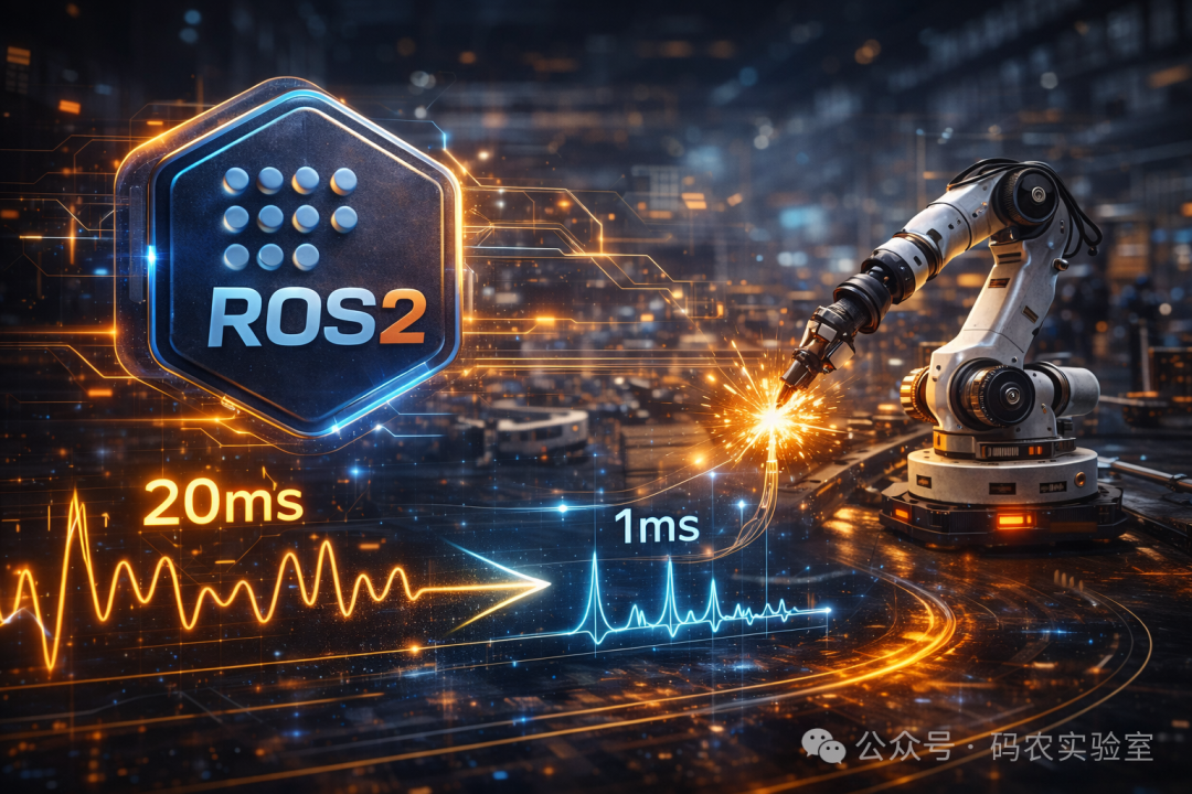 一幅展示机械臂在未来工业环境中进行焊接作业的科技插画，左侧有ROS2标志，强调从20ms到1ms的性能提升