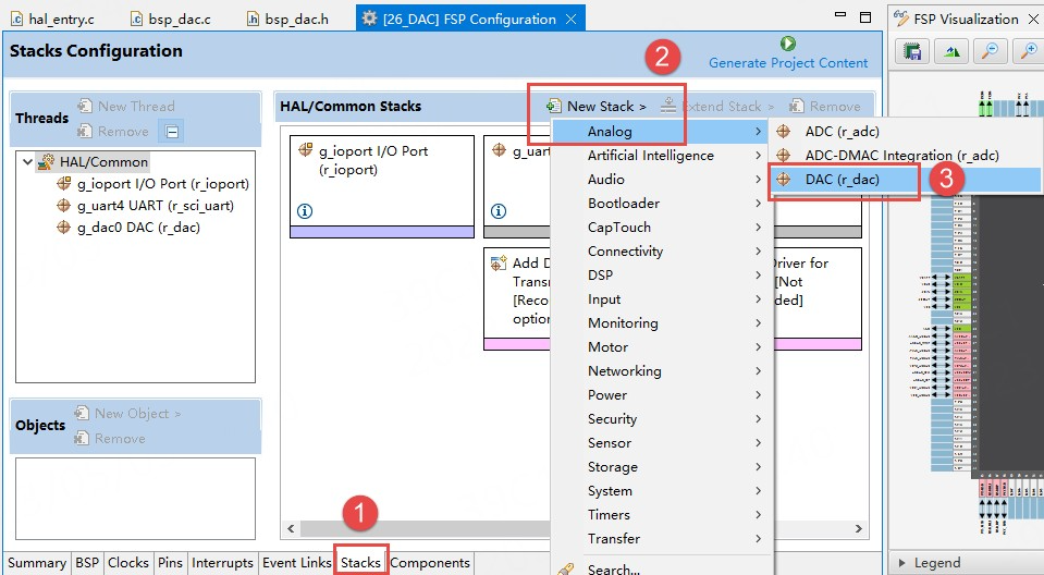 在FSP Stacks配置中添加DAC (r_dac)模块