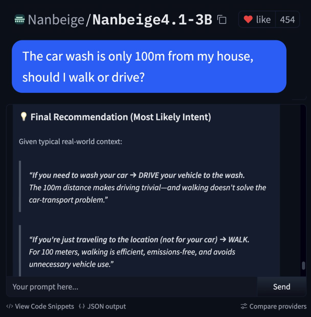 Nanbeige4.1-3B对洗车问题的出色推理