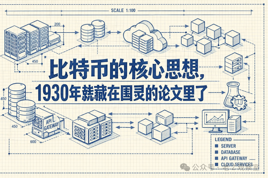 描绘比特币思想与早期计算理论关联的科技架构示意图
