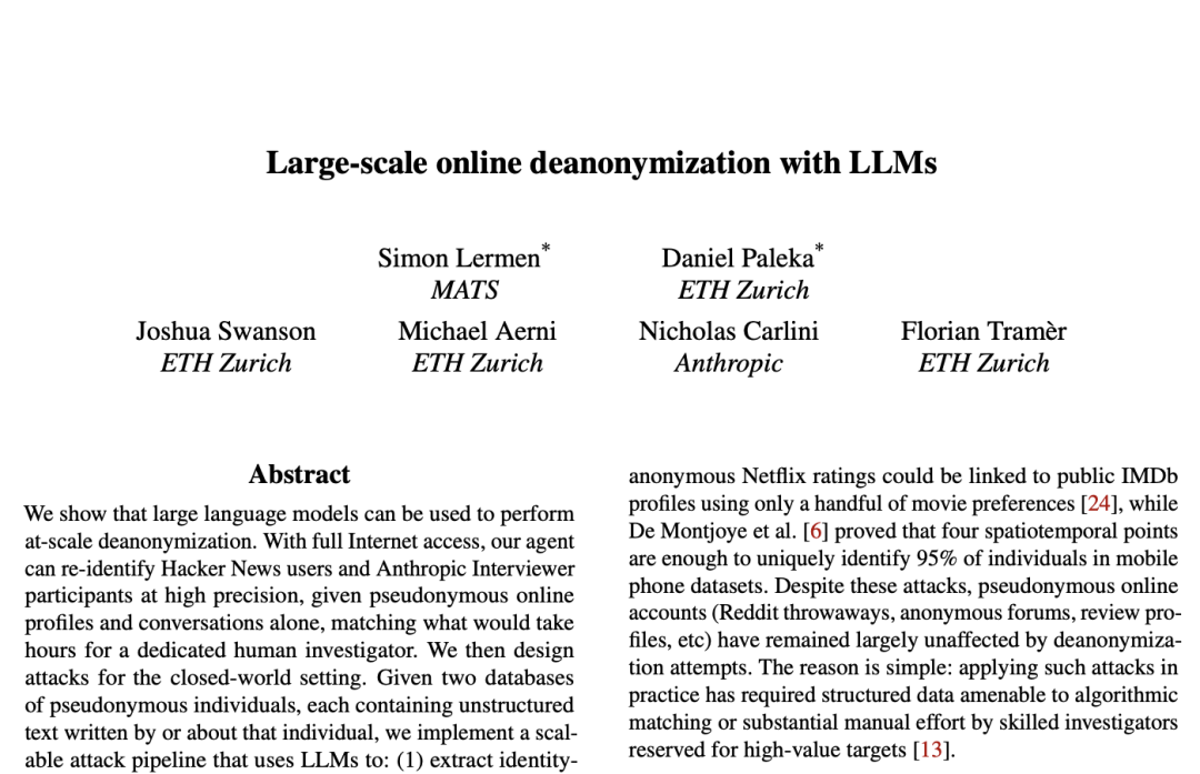 论文《Large-scale online deanonymization with LLMs》标题页