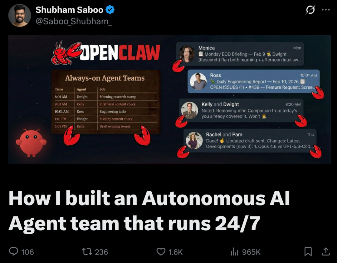 OpenClaw构建的24/7自主AI团队工作流截图