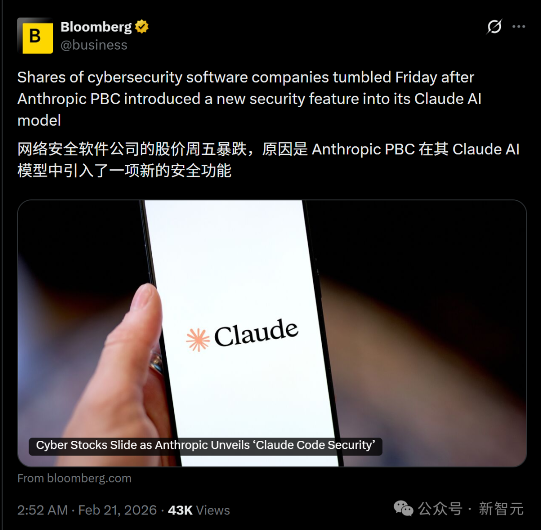Bloomberg关于网络安全股因Claude新功能下跌的推文截图